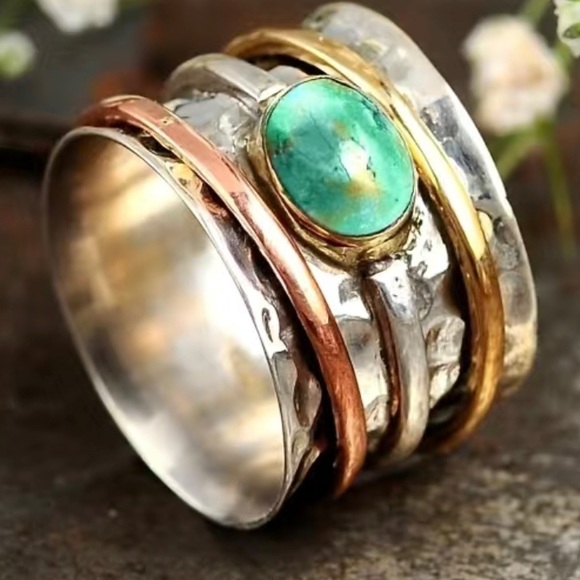 Silver, gold, rose gold, turquoise colored metal ring. Size 9 Statement piece - Picture 5 of 5